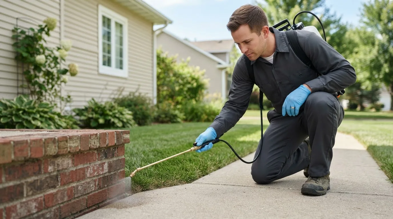Pest control technician treating a home near Wallingford, VT